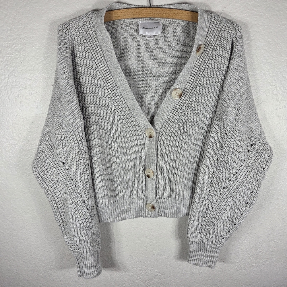 Line And Dot Cable Knit Cropped Sweater Cardigan Size S Gray Button Up